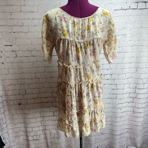 Jenny Han sheer silk mini dress cream with floral and bird print